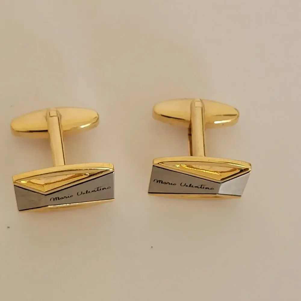 Mario Valentino Gold Silver Tone Logo Cufflinks Geometric Vintage Retro Italian